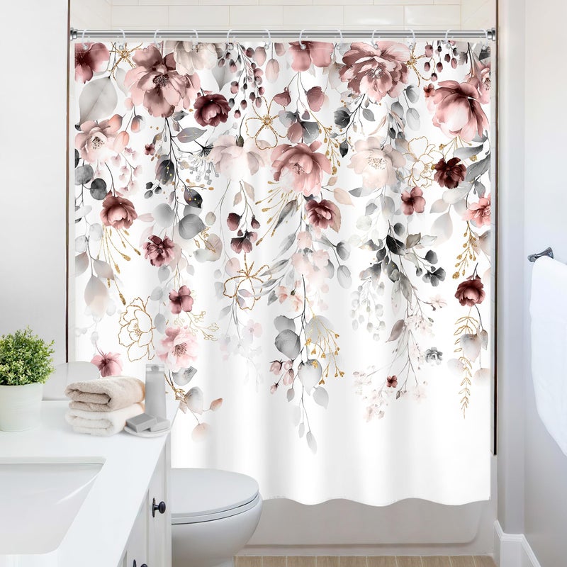 Ufeela Floral Flower Shower Curtain 72Wx72L Inch Grey Pink Floral Blossom Leaves Girls Watercolor Eucalyptus Botanical Wildflower Plant Bathroom Set Rustic Bath Curtain Bathtub Accessories Home Decor - Image 4