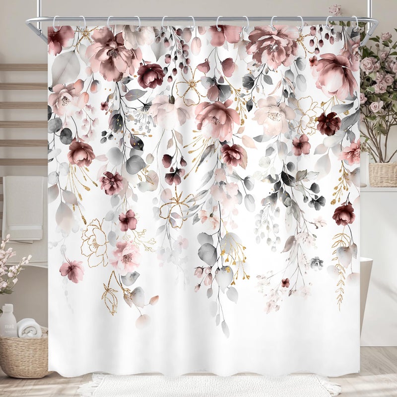 Ufeela Floral Flower Shower Curtain 72Wx72L Inch Grey Pink Floral Blossom Leaves Girls Watercolor Eucalyptus Botanical Wildflower Plant Bathroom Set Rustic Bath Curtain Bathtub Accessories Home Decor - Image 1