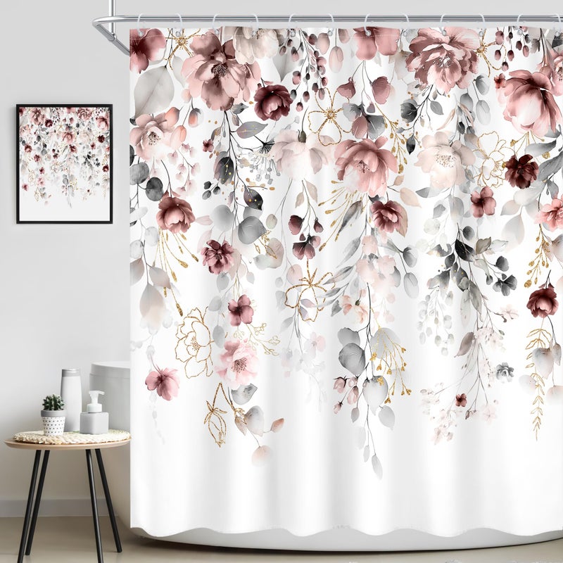 Ufeela Floral Flower Shower Curtain 72Wx72L Inch Grey Pink Floral Blossom Leaves Girls Watercolor Eucalyptus Botanical Wildflower Plant Bathroom Set Rustic Bath Curtain Bathtub Accessories Home Decor - Image 2
