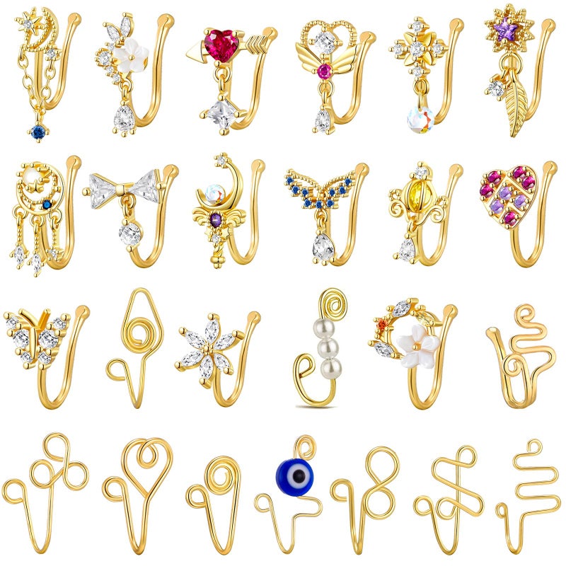 Tamhoo 25 Pcs Fake Nose Ring Clip On Nose Rings For Women Non Piercing Nose Cuffs For Non Pierced Nose Piercing Jewelry Gold Nose Ring Dangle Fake Nose Rings For Women Nose Clip Jewelry Cubic Zirconia - Image 1