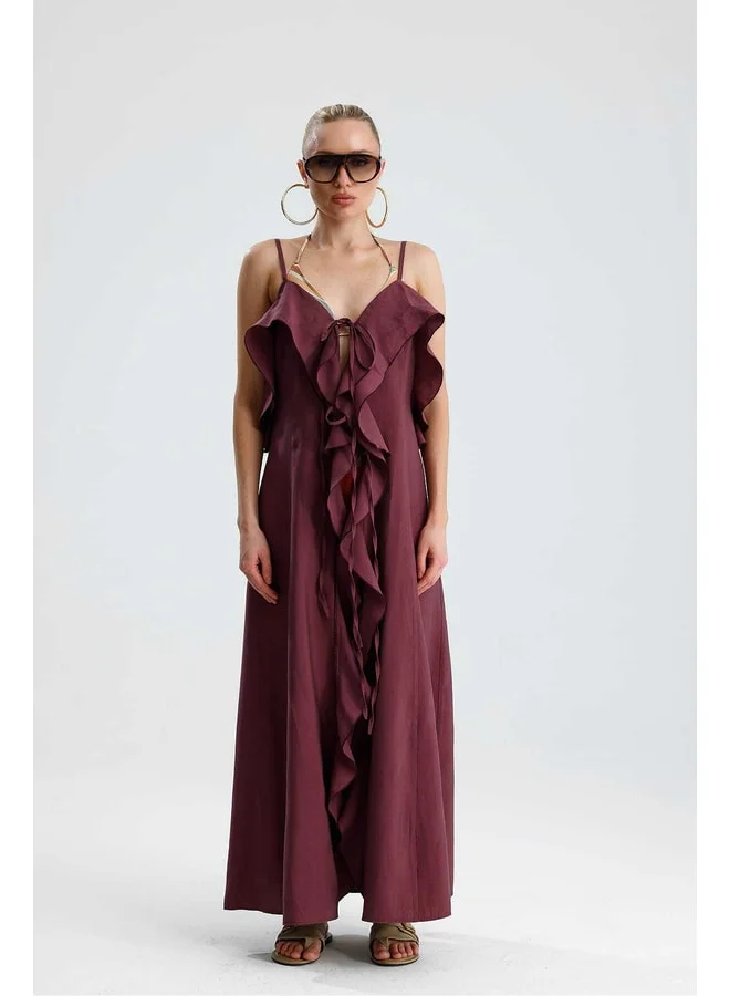 GACACOLLECTION SALIVA Front Ruffle Tie Long Garnet Dress.