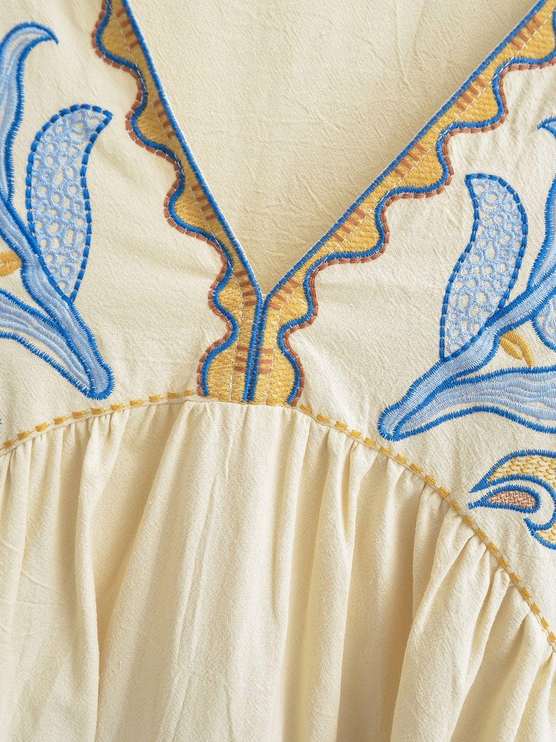 Joiemont Womens Oversized Embroidered Dress with V-Neck and 3/4 Sleeves Vintage Embroidery Babydoll Dress(0603-LightBlue-M) - Image 4