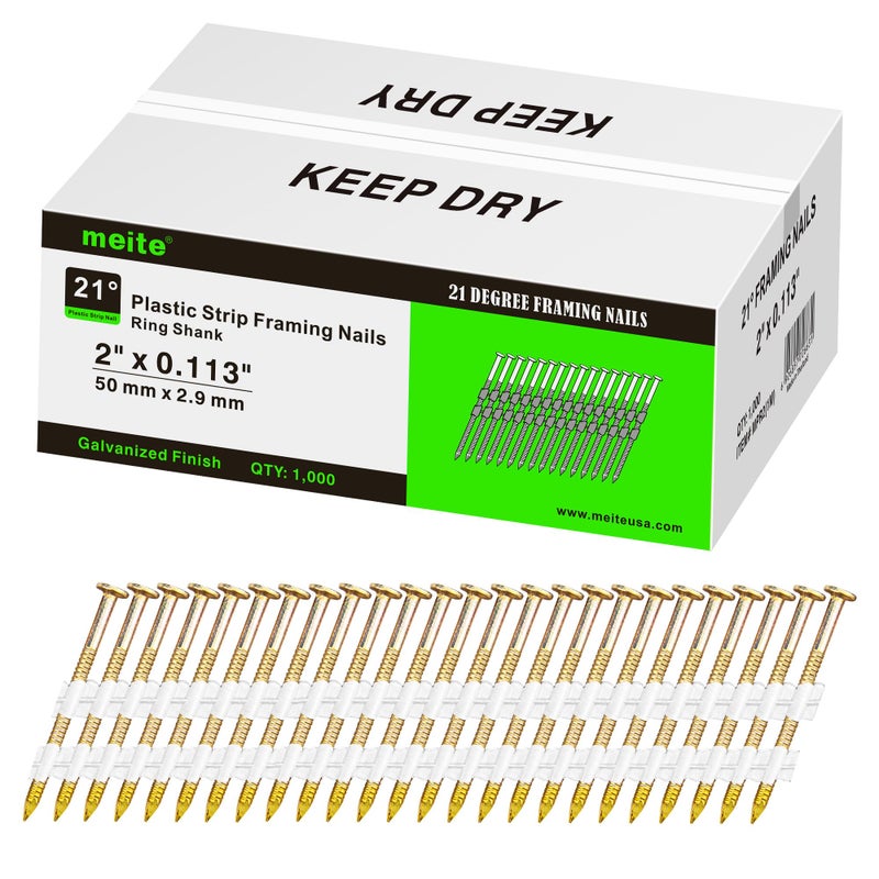 meite 21 Degree Framing Nails 2 Inch Ring Shank Galvanized Plastic Collated Nails, Full Round Head Structural Nails for Framing Nailer Gun on Truss Assembly and Subfloors 1,000PCS - Image 1