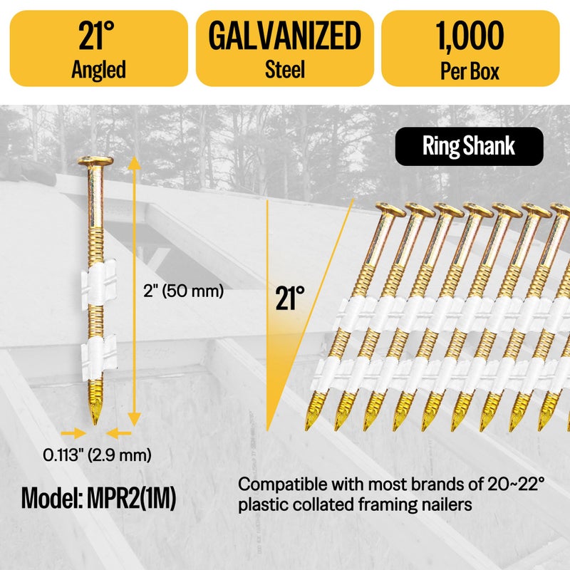 meite 21 Degree Framing Nails 2 Inch Ring Shank Galvanized Plastic Collated Nails, Full Round Head Structural Nails for Framing Nailer Gun on Truss Assembly and Subfloors 1,000PCS - Image 2