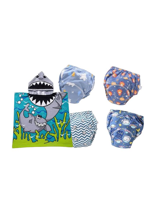 Kids Hooded Bath Towel - 90x60cm, Absorbent Microfiber, Cozy Beach, Pool Wrap for Boys & Girls, Soft and Printed Hooded Baby Kids Towel, Pack of 1 Shark & Eco Mom 4 Pieces Training Pants Strong Absorbent Toddler Potty Training Underwear for Baby and Toddlers UNISEX (6-Layers) 12KG-18KG (2-4 Years Old) LARGE, multi colorBundle - Image 1