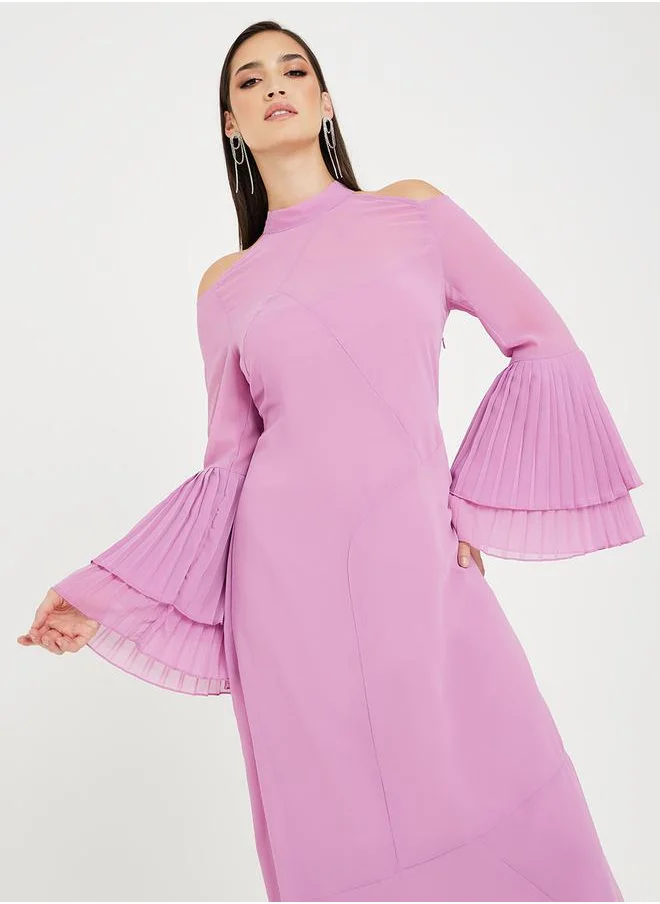 Styli Pleated Bell Sleeves A-Line Maxi Dress