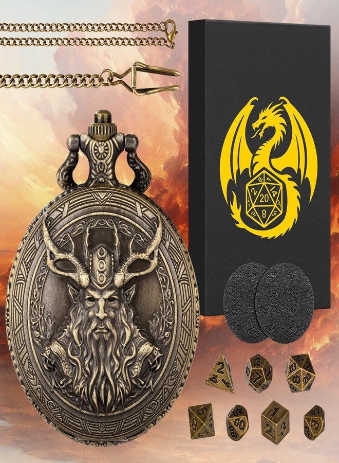 Keller & Weber Mini DND Dice Set with Steampunk Druid Pocket Watch Case, Tiny 7-Piece Polyhedral Metal D&D Dice, DND Gifts with Gift Box, Role Playing Game Board Game Accessories Dice, Bronze - Image 2