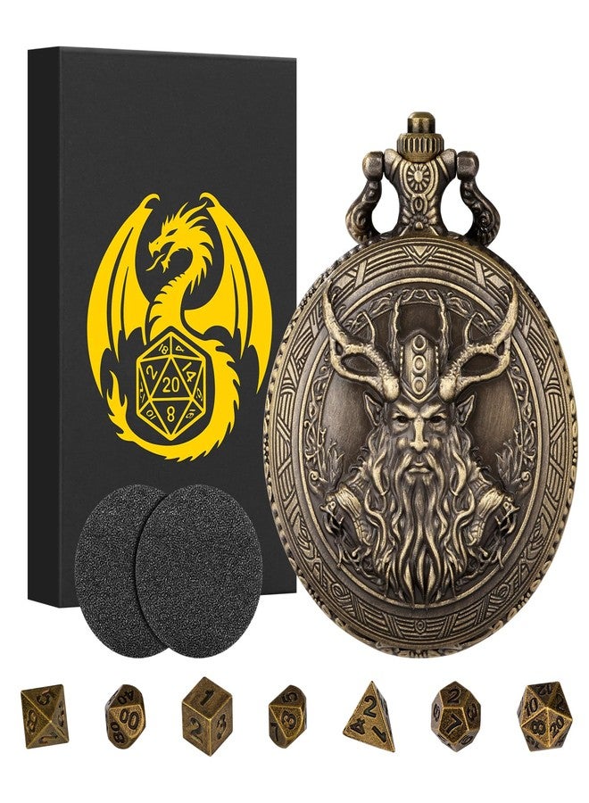 Keller & Weber Mini DND Dice Set with Steampunk Druid Pocket Watch Case, Tiny 7-Piece Polyhedral Metal D&D Dice, DND Gifts with Gift Box, Role Playing Game Board Game Accessories Dice, Bronze - Image 1