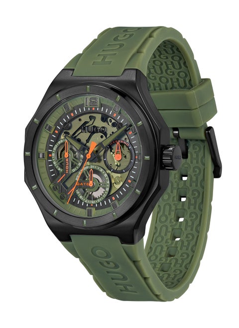 HUGO BOSS ROUND ANALOG MEN'S BLACK & GREEN CASE WATCH - 1530376
