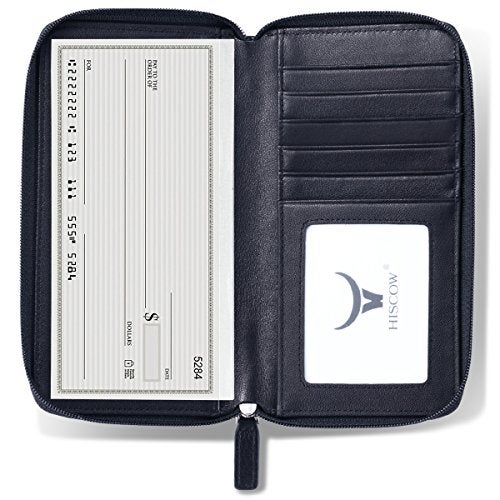 HISCOW Zippered Checkbook Cover & Card Holder with Divider - Italian Calfskin (Black) - Image 1