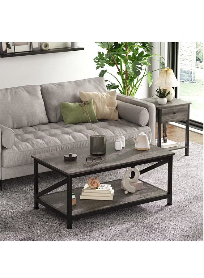 Modern Coffee Table with 2-Tier Storage & Metal Frame, Industrial Style Living Room Center Table End Table with Wooden Top, Multifunctional Tea Table, Side Table for Small Space, Office (100x55x43.5cm) - Image 1