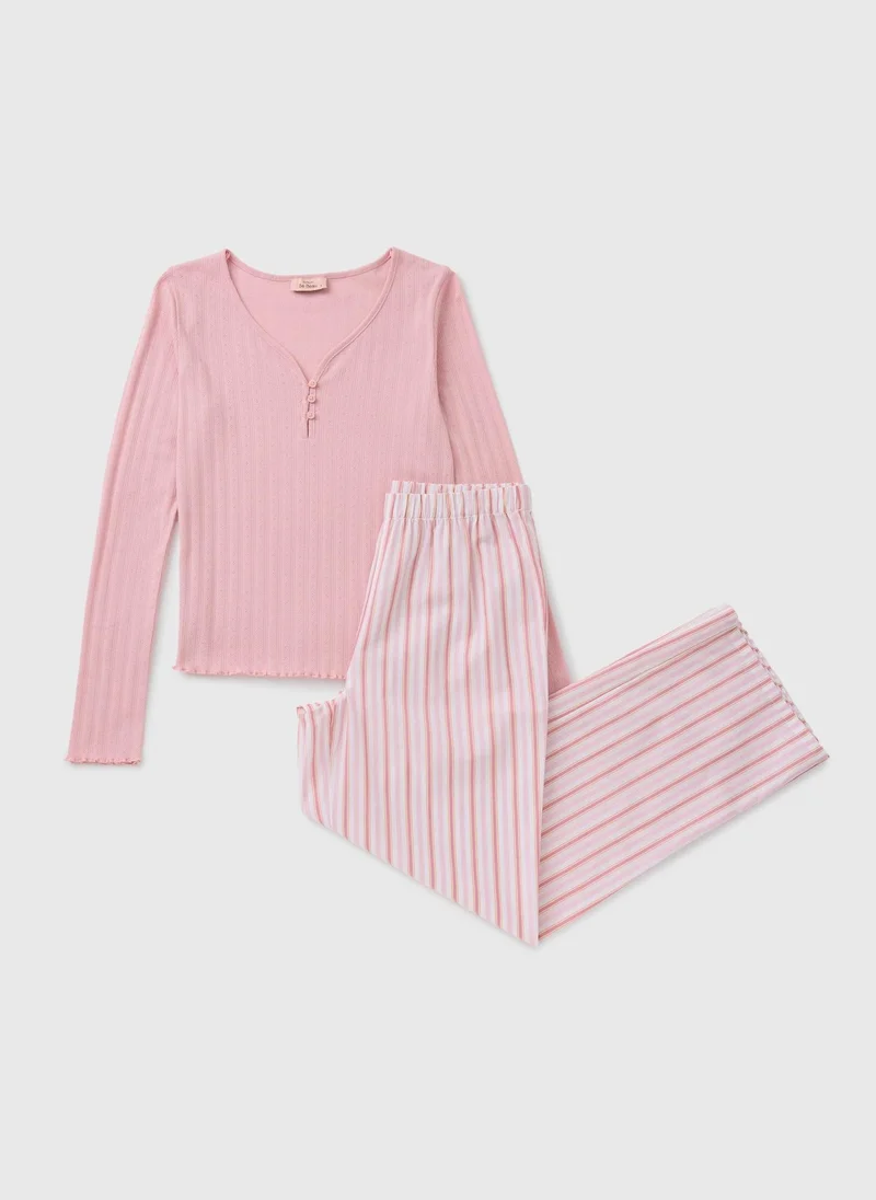 Matalan Pink Henley Stripe Pyjama Set