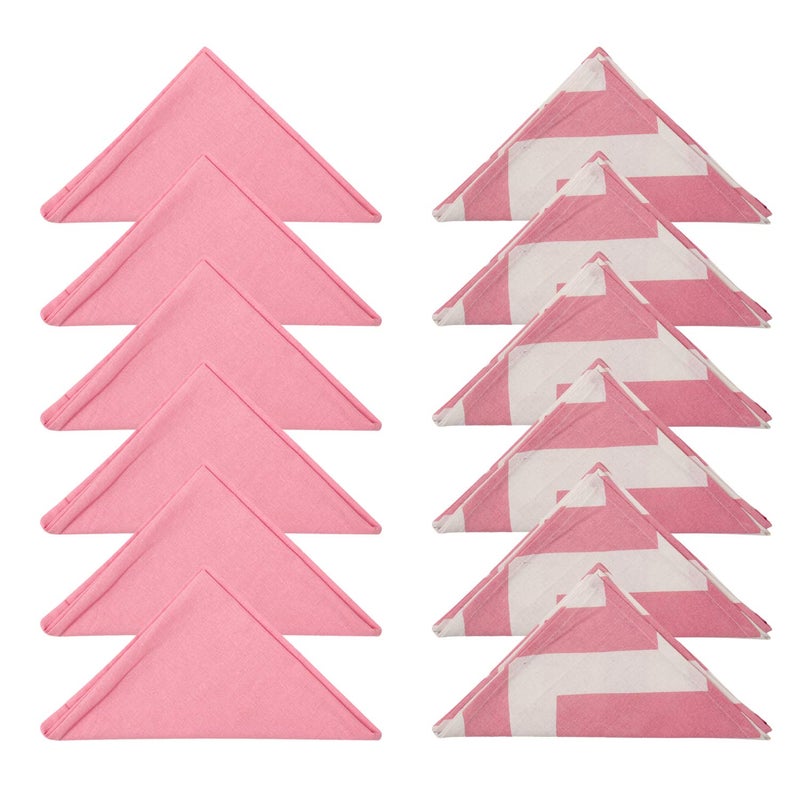 Dekor World Cotton Pink Chevron Printed and Solid Napkin Set (Pack of 12) - Image 1