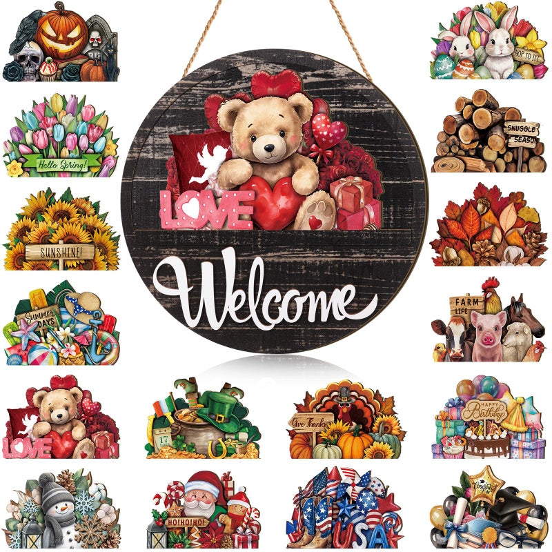 Yousoontic 17 Pcs 12 Inch Magnetic Welcome Door Sign Interchangeable Patriotic Front Door Decorations Summer Seasonal and Festive Signs for Women Gift Round Home Decor(Stylish Color,Modern Welcome) - Image 1