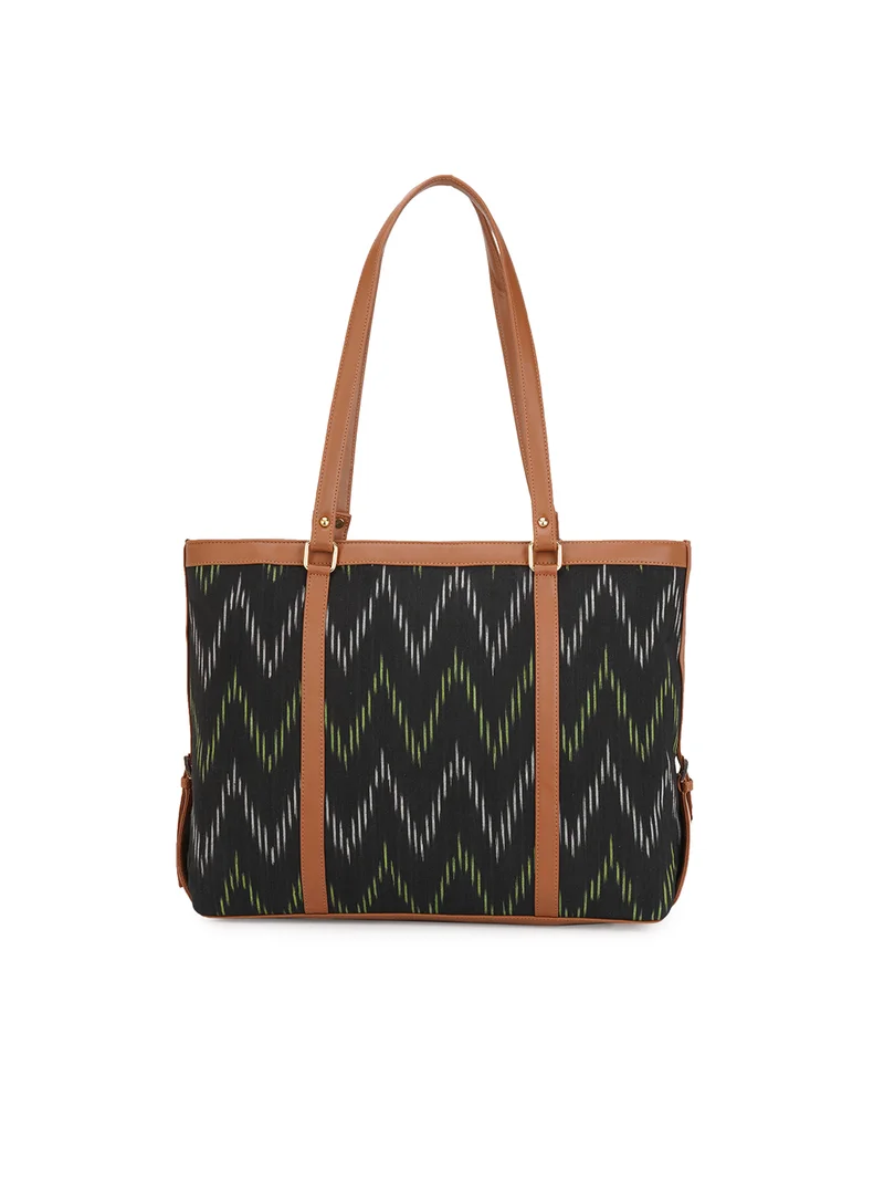 Globus Women Black Vegan Leather Ikat Abstract Print Double Handle Oversized Tote Bag