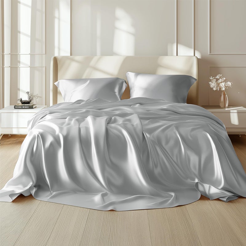 Bedsure Satin Sheets Queen Size - 4 Piece Silky Bedsheets with 15 Inches Deep Pocket Fitted Bedsheet,1 Flat Sheet, 2 Satin Pillowcases, Good for Hair & Skin (Queen, Silver Grey) - Image 1