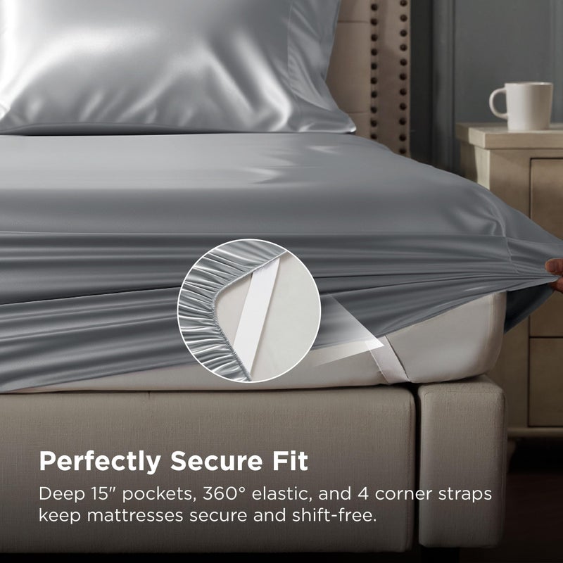 Bedsure Satin Sheets Queen Size - 4 Piece Silky Bedsheets with 15 Inches Deep Pocket Fitted Bedsheet,1 Flat Sheet, 2 Satin Pillowcases, Good for Hair & Skin (Queen, Silver Grey) - Image 3