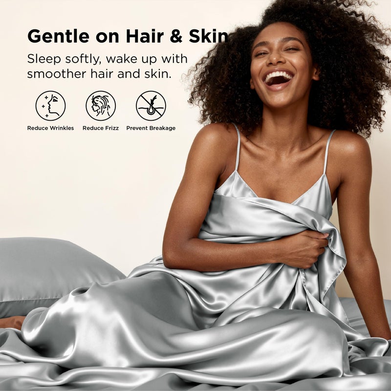 Bedsure Satin Sheets Queen Size - 4 Piece Silky Bedsheets with 15 Inches Deep Pocket Fitted Bedsheet,1 Flat Sheet, 2 Satin Pillowcases, Good for Hair & Skin (Queen, Silver Grey) - Image 2