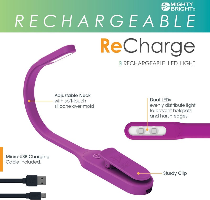 Mighty Bright The Original Recharge Clip On Rechargeable Book Light Reading Light, Warm Eye Care LEDs, Flexible, Durable, Dimmable, Perfect for Kids, Bookworms, Reading in Bed, Lasts 60 Hours (Purple) - Image 2