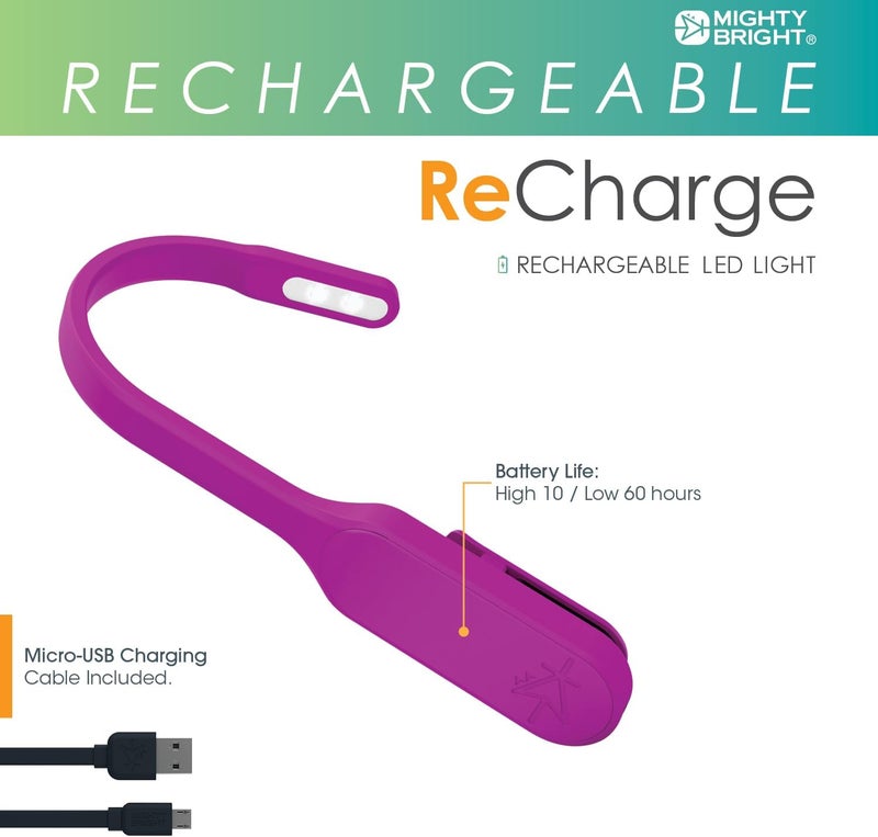 Mighty Bright The Original Recharge Clip On Rechargeable Book Light Reading Light, Warm Eye Care LEDs, Flexible, Durable, Dimmable, Perfect for Kids, Bookworms, Reading in Bed, Lasts 60 Hours (Purple) - Image 3