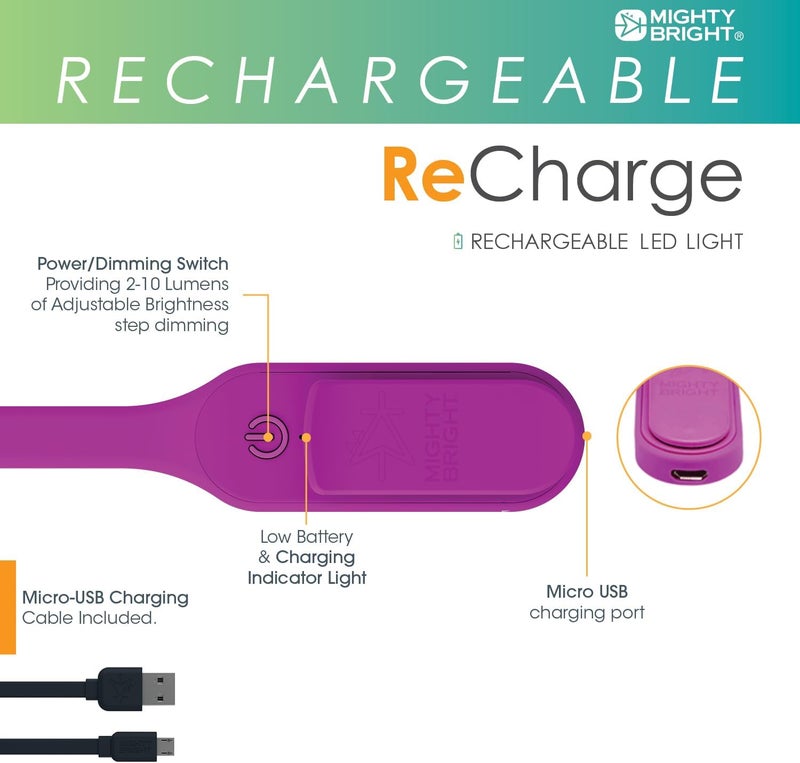 Mighty Bright The Original Recharge Clip On Rechargeable Book Light Reading Light, Warm Eye Care LEDs, Flexible, Durable, Dimmable, Perfect for Kids, Bookworms, Reading in Bed, Lasts 60 Hours (Purple) - Image 4