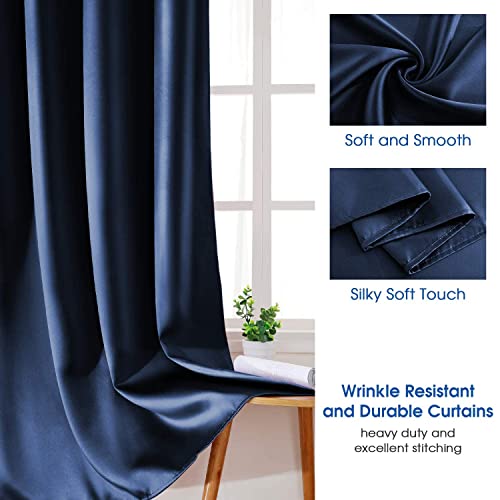 HOMEIDEAS 2 Panels Navy Blue Faux Silk Blackout Curtains, 52 X 96 Inch Room Darkening Satin Thermal Insulated Window Drapes for Bedroom, Indoor - Image 2