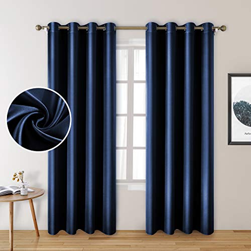 HOMEIDEAS 2 Panels Navy Blue Faux Silk Blackout Curtains, 52 X 96 Inch Room Darkening Satin Thermal Insulated Window Drapes for Bedroom, Indoor - Image 1
