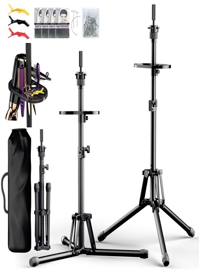 GSOW Wig Stand Tripod - Reinforced Metal Mannequin Head Stand with Tool Tray, Adjustable Height 31" - 57" Wig Head Stand for Styling Cosmetology Hairdressing Training with Wig Caps T-Pins Hair Clips - Image 1