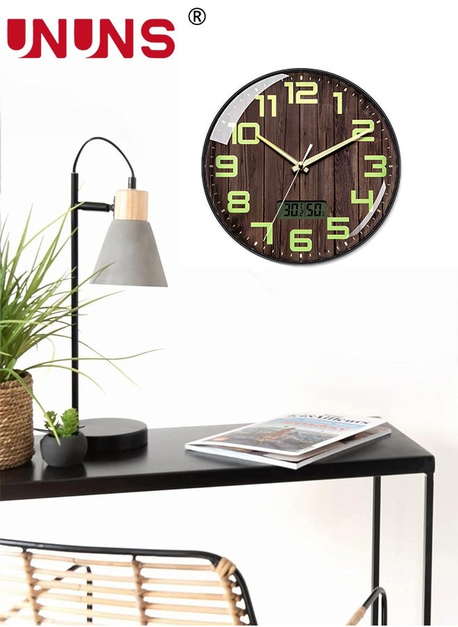 UNUNS - Wall Clock,12 Inch Silent No Ticking,Wood Grain Dial Design Numbers and Hands,With Temperature And Humidity Display,Perfect For Living Room Bedroom Kitchen Office,Battery Operated - Image 1