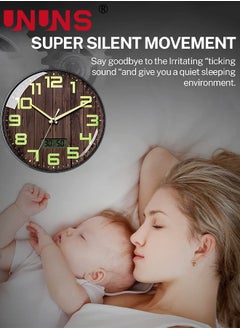 UNUNS Wall Clock,12 Inch Silent No Ticking,Wood Grain Dial Design Numbers and Hands,With Temperature And Humidity Display,Perfect For Living Room Bedroom Kitchen Office,Battery Operated  - Image 3