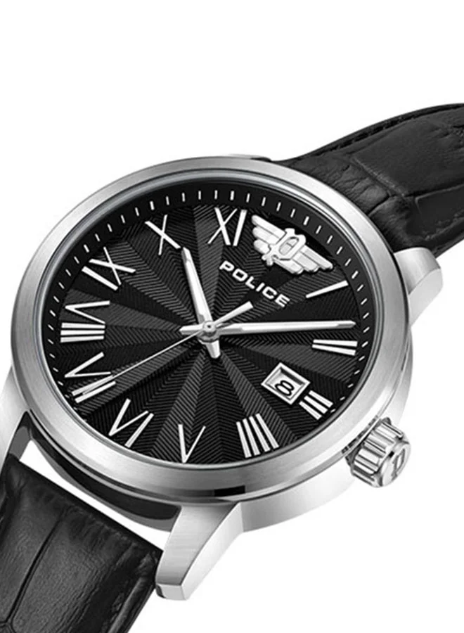 POLICE Raho Gents Analog Black Leather Watch with Roman Numerals Indices, 41mm