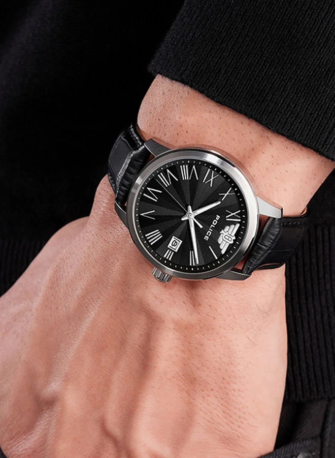 POLICE Raho Gents Analog Black Leather Watch with Roman Numerals Indices, 41mm