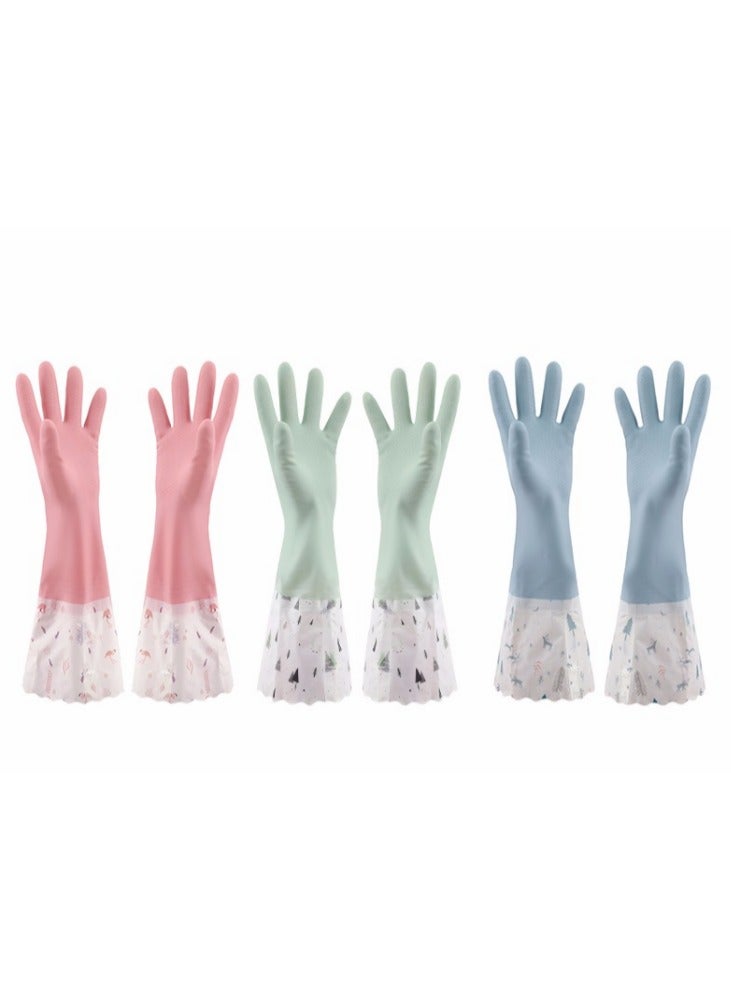 Loquat 3 Pairs of Medium Waterproof Flock-Lined Rubber Cleaning Gloves, Long Cuff for Kitchen - Image 1