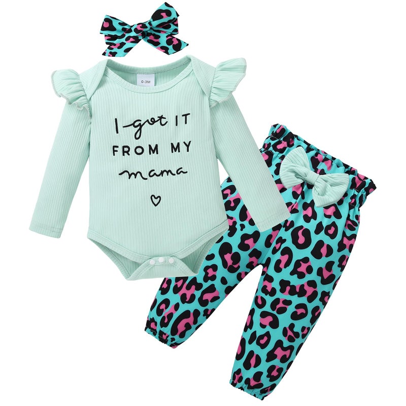 DISAUR Newborn Girl Long Sleeve Outfits Pink Ruffle Romper Blue Leopard Pants Fall Outing Photograph Wearing 6 Months 12 Months - Image 1