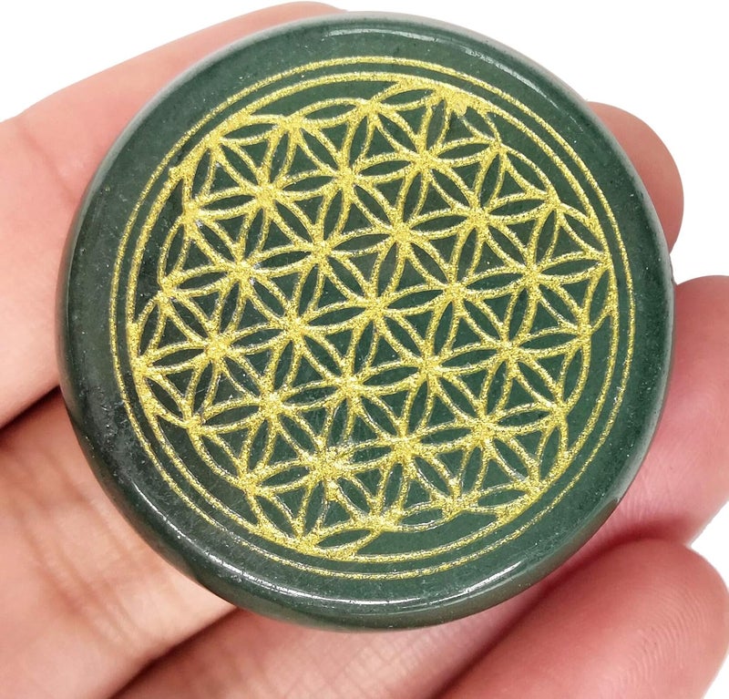 Natural Green Aventurine Flower of Life Engraved Healing Crystal Chakra Balancing and Positive Energy Generator Palm Pocket Stone