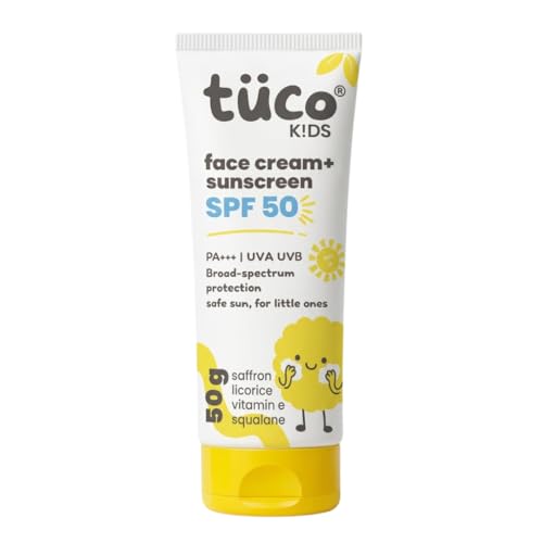 Tuco® Kids 2 in 1 Face Cream + Sunscreen SPF 50 with Saffron oil | UVA/UVB PA++++ | Broad Spectrum Protection | Benzophenone- 3 and Avobenzone Free | Ages 2-5, 5-10, 10-15 | 50gm - Image 1