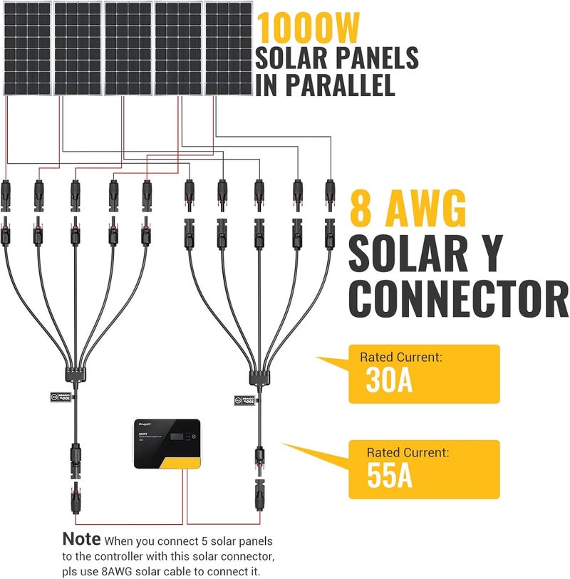 BougeRV Solar Y Connector Solar Panel Parallel Connectors Extra Long 1 to 5 Solar Branch PV Adapter Cable Wire Plug Tool Kit (M/FFFFF and F/Mmmmm) - Image 3