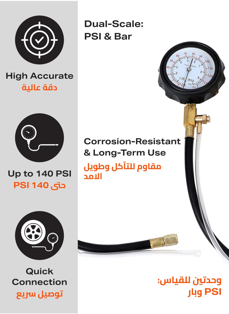 114 Pressure Tester Gauge - Easy-to-Read Mechanical Gauge with Pressure Range 0-140 PSI and Various Adapters -Ideal for Automotive Diagnostics Fuel Injection Testing and Engine Troubleshooting
