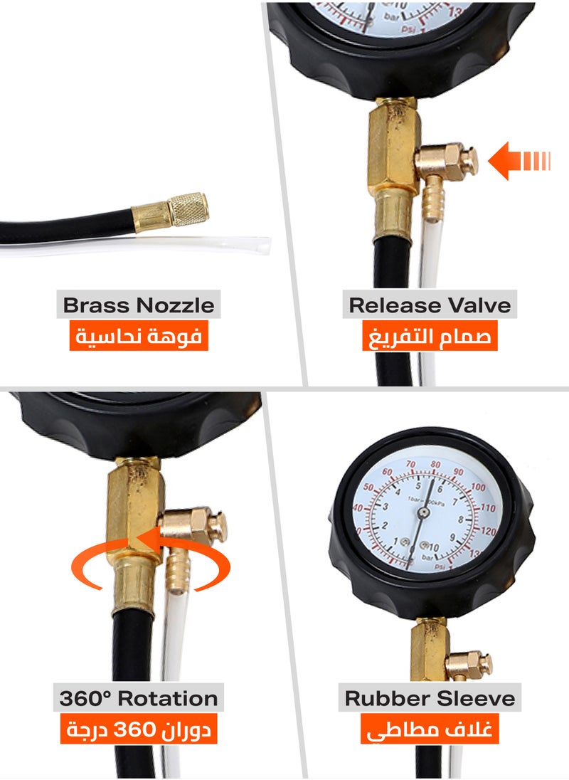 114 Pressure Tester Gauge - Easy-to-Read Mechanical Gauge with Pressure Range 0-140 PSI and Various Adapters -Ideal for Automotive Diagnostics Fuel Injection Testing and Engine Troubleshooting