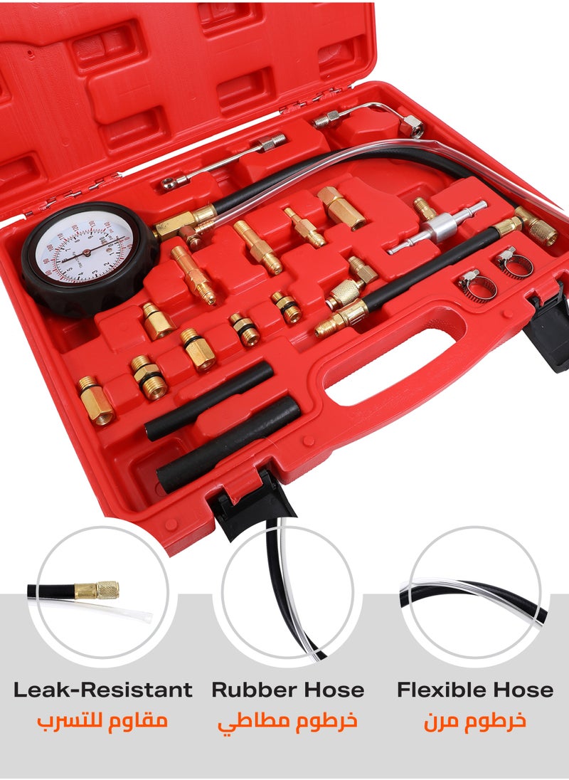 114 Pressure Tester Gauge - Easy-to-Read Mechanical Gauge with Pressure Range 0-140 PSI and Various Adapters -Ideal for Automotive Diagnostics Fuel Injection Testing and Engine Troubleshooting