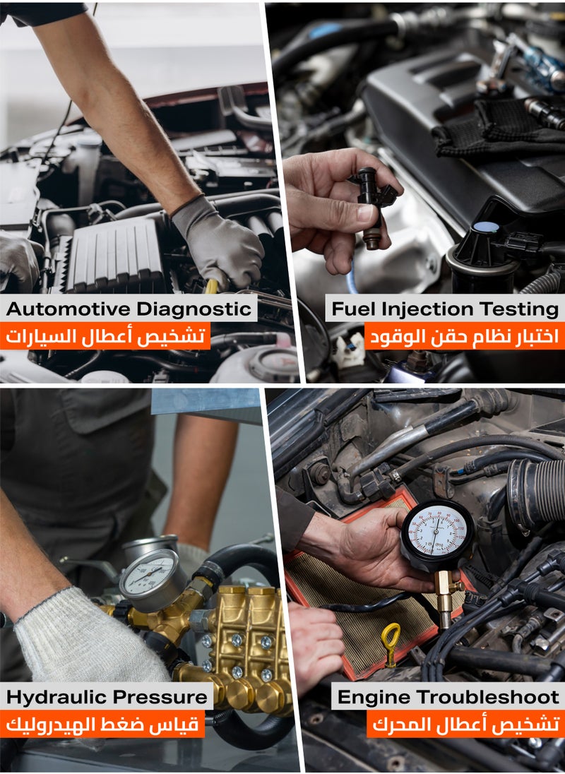 114 Pressure Tester Gauge - Easy-to-Read Mechanical Gauge with Pressure Range 0-140 PSI and Various Adapters -Ideal for Automotive Diagnostics Fuel Injection Testing and Engine Troubleshooting