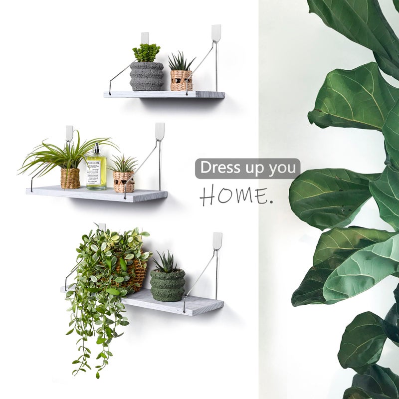 MITIME Floating Shelves Set of 3 Rustic Solid Wood Floating Shelf Wall Storage Shelves for Living Room, Bedroom, Bathroom, Kitchen Laundry, Office,no Drill Shelf(Grey and White Colour L+M+S) - Image 3