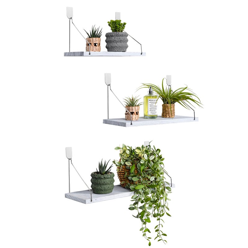 MITIME Floating Shelves Set of 3 Rustic Solid Wood Floating Shelf Wall Storage Shelves for Living Room, Bedroom, Bathroom, Kitchen Laundry, Office,no Drill Shelf(Grey and White Colour L+M+S) - Image 1