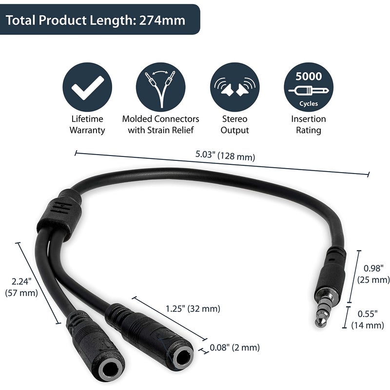 StarTech.com Headset Adapter, Microphone and Headphone Splitter - 3.5mm Male Aux to 3.5mm Female Audio & Mic Combo Jack Y Cable for Laptop / PC (MUYHSMFF) Black - Image 4
