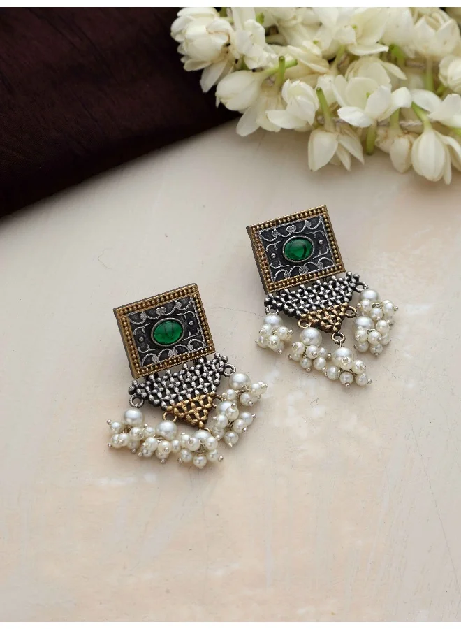 trueBrowns Silver Gold Tone Floral Silver Jaal Dangle Earrings