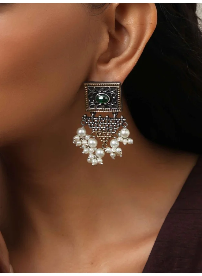 trueBrowns trueBrowns Silver Gold Tone Floral Silver Jaal Dangle Earrings