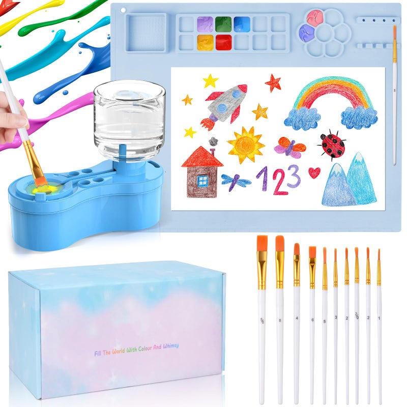Mikiwon Painting Station Paint Brush Cleaner and Silicone Art Mat 20X16 with 10 Paint Brushes Paint Brush Rinser Art Supplies Set Blue - Image 2
