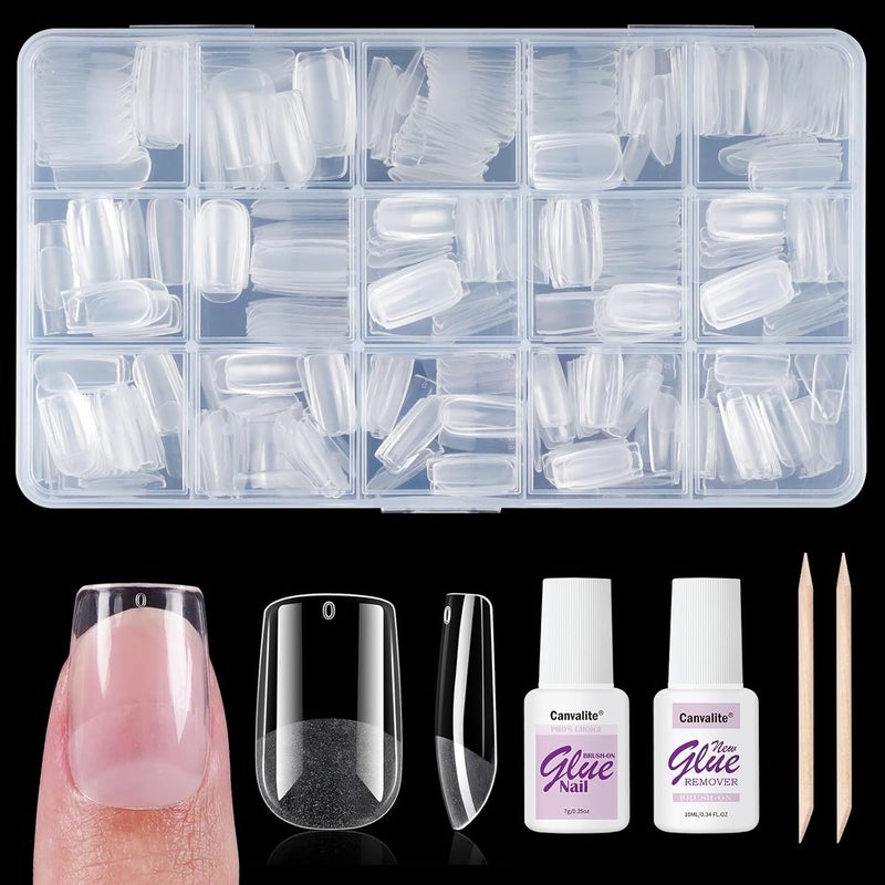 Canvalite 450Pcs Square Short Press on Nails Kit with Nail Glue Remover Acrylic Gel Nail Tips for Extensions 15 Sizes Full Cover False Nails Half Matte Glossy Finish DIY at Home Salon Use