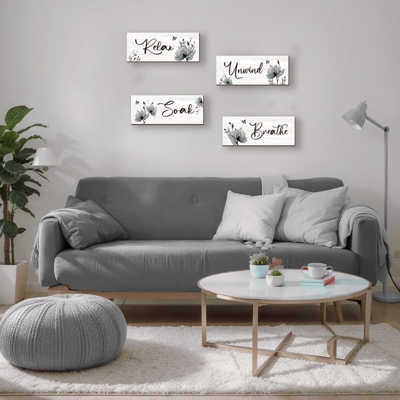 ONIZHITY Set of 4 Black Bathroom Decor With Black Flower Wall Art Inspire Relax Soak Unwind Rustic Farmhouse Wooden Wall Art Ideal for Women's Bedroom, Office, Living Room, Kitchen (10x4) - Image 2