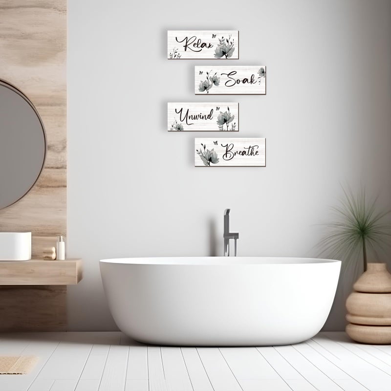 ONIZHITY Set of 4 Black Bathroom Decor With Black Flower Wall Art Inspire Relax Soak Unwind Rustic Farmhouse Wooden Wall Art Ideal for Women's Bedroom, Office, Living Room, Kitchen (10x4) - Image 4